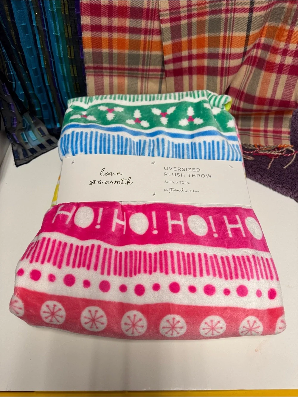 Holiday Plush Throw Blanket - Pink, Green, Blue Pattern